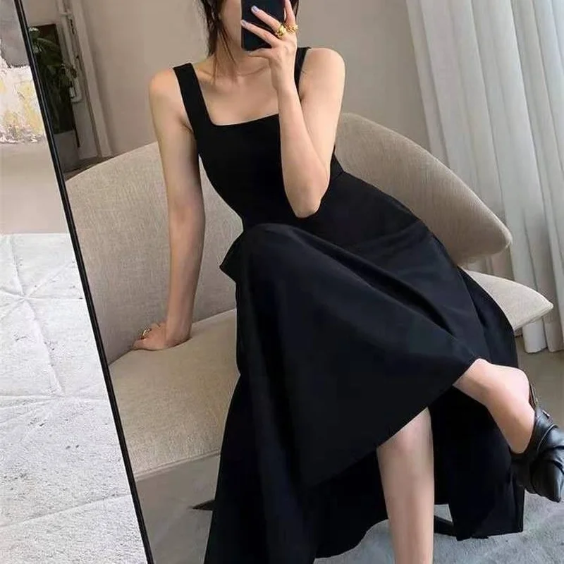 Sleeveless Dress Women Simple Casual Solid Fit High Waist Summer Retro New Arrival Elegant Ladies Cozy Mujer Ulzzang Ins Female