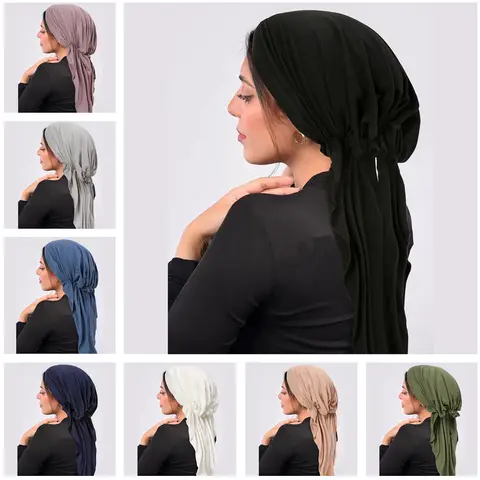 2024 새로운 이슬람 패션 Hijab Turban 모자 긴 꼬리 머리 랩 탄성 모자 여자를위한 통기성 Chemo 모자 여자
