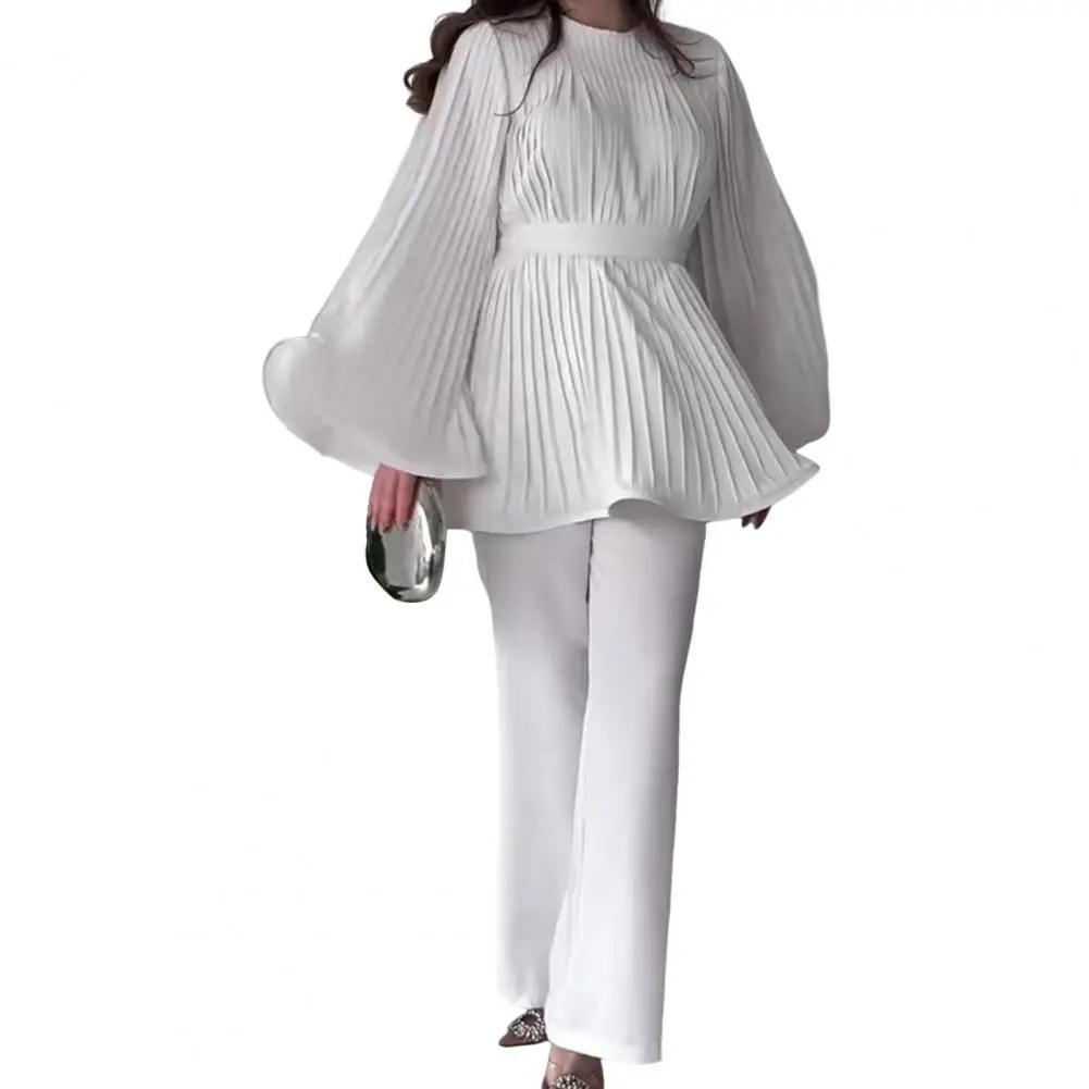 Women Commuting Suit Elegant Pleated Horn Sleeves Top Wide Leg Trousers Set with Lace-up Bow Detail Women's Ol Commuting Outfit