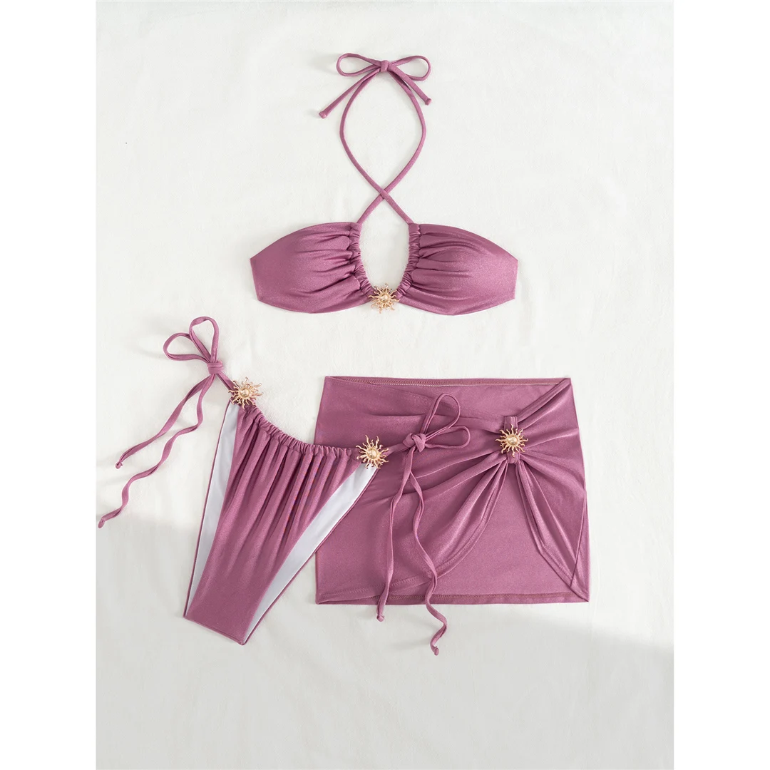 Neuer schwarzer, sexy Bikini mit Rock, Neckholder-Bikini, Damen-Badeanzug, dreiteiliges Bikini-Set, Badebekleidung, Badeanzug, Schwimmbekleidung V6398B – Detail 19