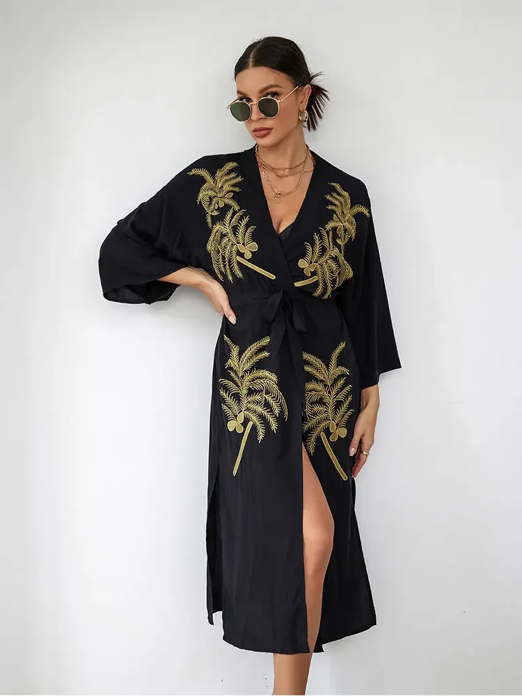 Bohemian Glod Borduurwerk Tuniek Badpak Cover-Ups Sexy V-Hals Kimono Jurk Zomer/Herfst Dames Oversized Strandkleding Cover Up Q1593