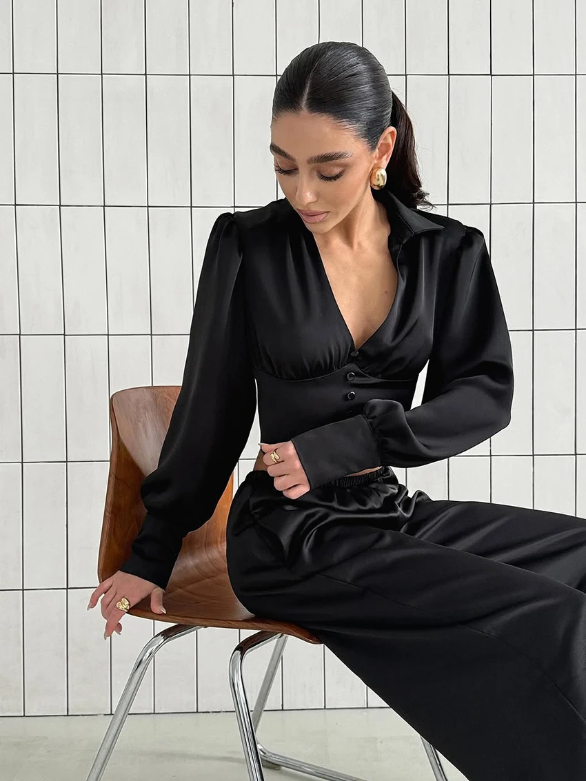 Martahqiqi Fashion Ladies Nightgowns Suit Crop Top Pajamas Long Sleeve Nightie Sexy V-Neck Nightwear Pants Female Sleepwear Set