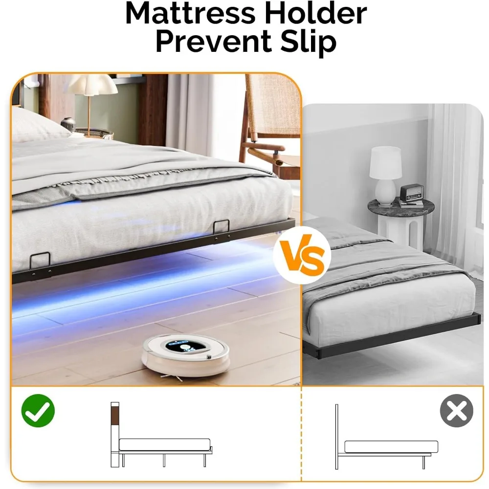 إطار سرير عائم بحجم كينج مع إضاءة LED ومحطة شحن، ولوح رأسي مخملي مع مساحة تخزين وتصميم مريح