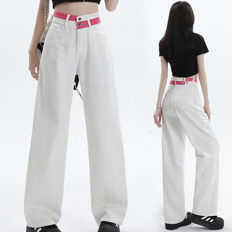 

Wide Leg Denim Pants Women's Embroidered Design Denim Jeans White Loose New Casual Straight High Quality Female Pants