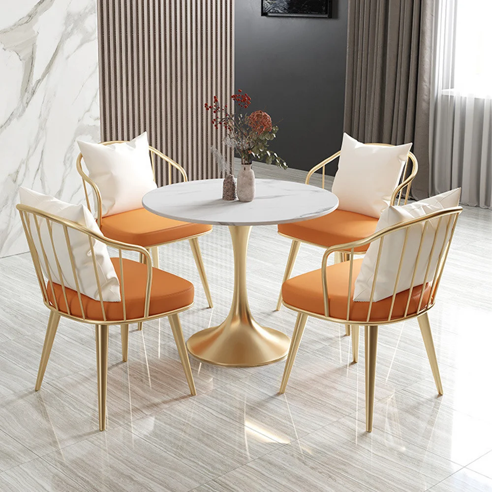 Conjunto de muebles de estilo nórdico para restaurante, Set de mesa y sillas con patas de Metal doradas y terciopelo de mármol para cafetería