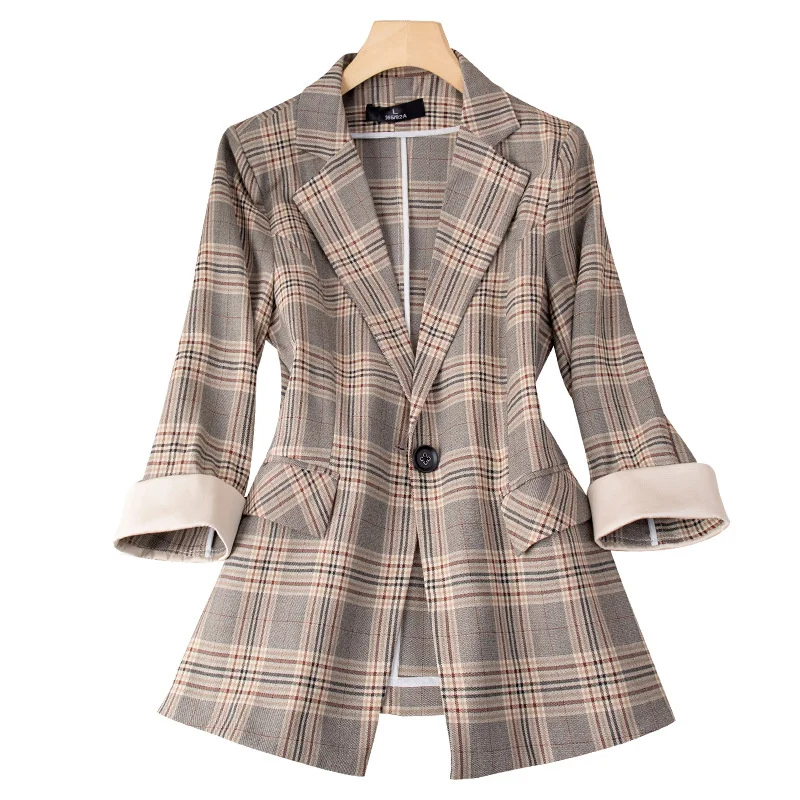 

Spring Summer Women Plaid Blazers New Fashion Middle Sleeve Professional Small Suit Coat Office Lady Clothes Female Outerwear