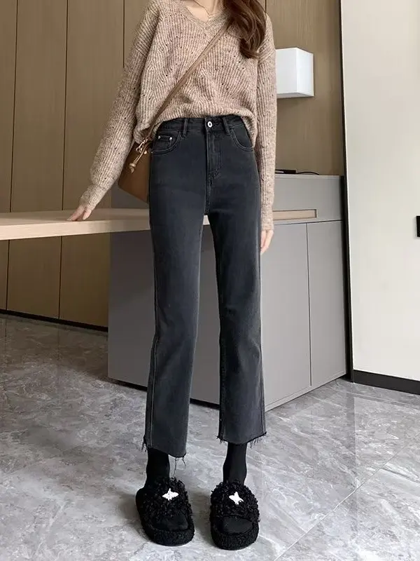

High Waist Straight Leg Denim Jeans Women's Slimming Elastic Nine-Piece Pants Small Size High Waist e Tube Pants
