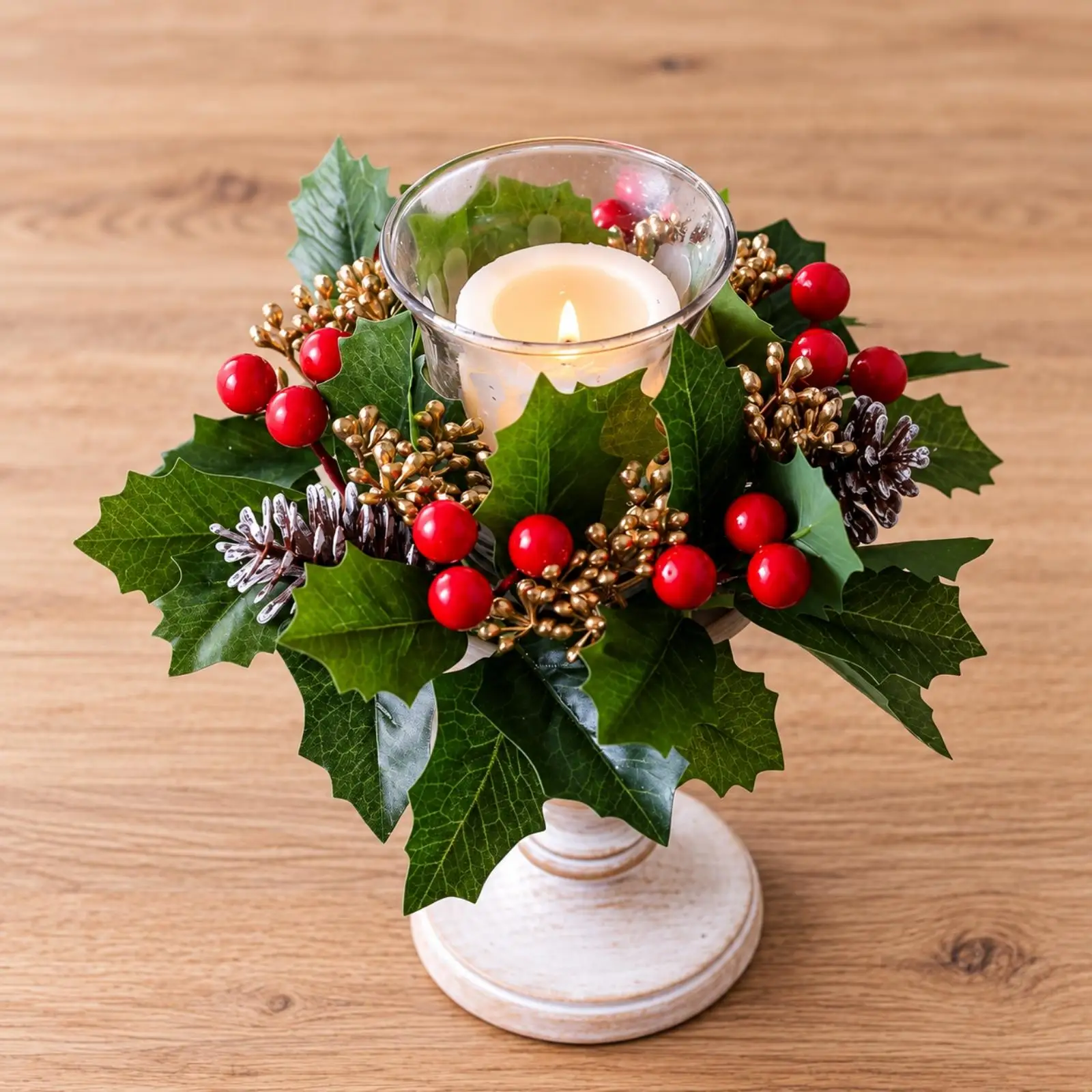 Holiday Wreath Style Candle Holder with Glass Cup Red Berry Pinecone Ornament for Scented Candles Christmas Tabletop Home Decor