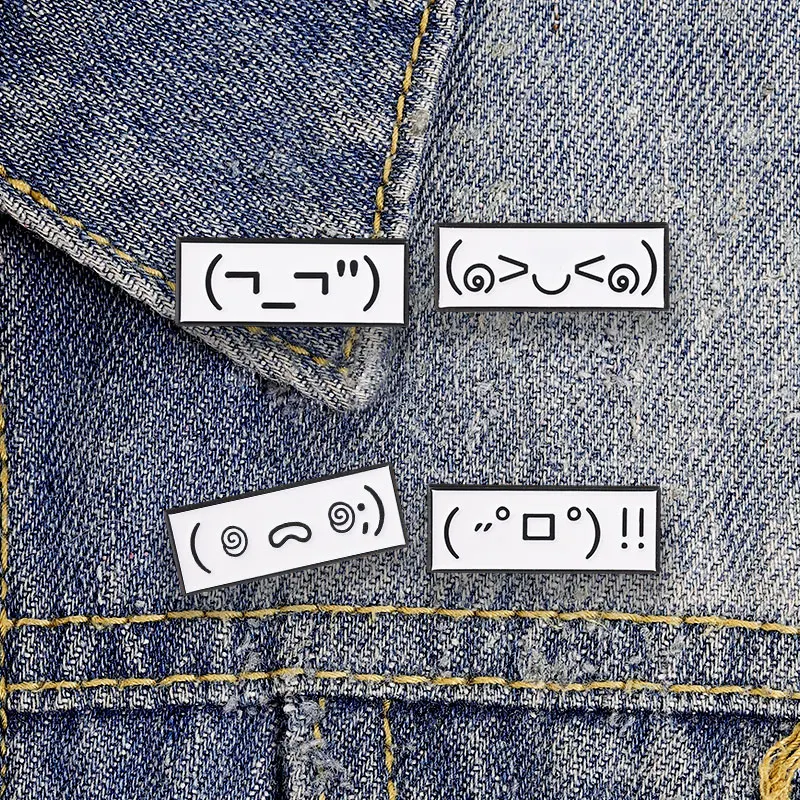 Cute Kaomoji Emoji Style Face Enamel Pin Quirky Mood Indicator Brooch White Background With Black Line Art Jewelry Gifts
