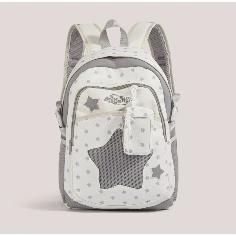 White & Gray Star Print Ita Backpack Mesh Window School Bag with Small Coin Pouch Casual Student Daypack for Pin & Badge Display