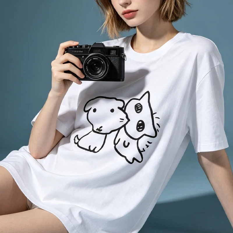 Harajuku Cute Simple Line Drawing Dog Cat Print Women T-shirt Soft O Neck Tee Daily Couple Top Women's Clothing