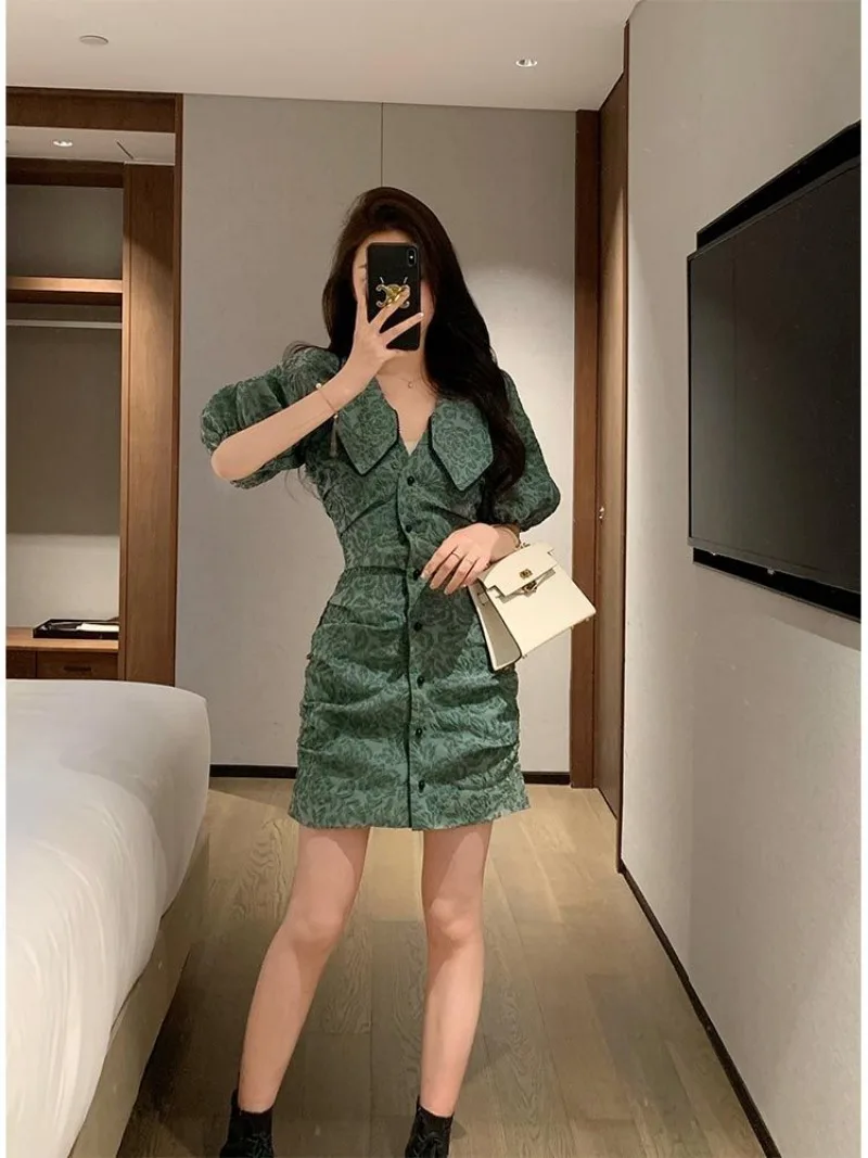 Shpmishal French Haute Couture Floral Bubble Sleeve Dress for Women's Summer New Buttocks Wrapped Slim Fit Fashion Dresses