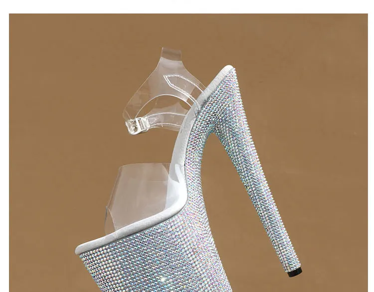 Stripper Shoes Clear 20cm Rhinestone Platform Hate Sky High Sandals Nightclub Model Shining 8inches High Heels New Bride Exotic