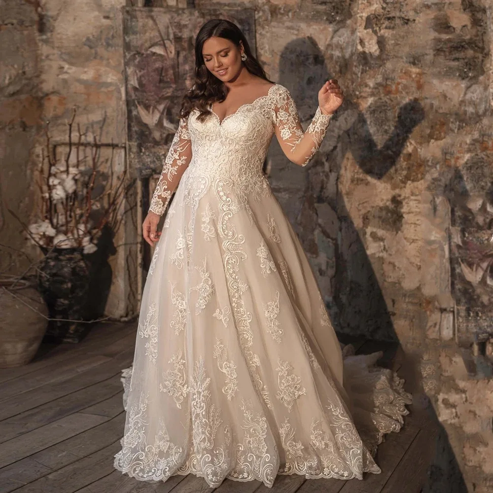 Elegant Lace V-neck Sweep Train Wedding Dress with Long Sleeves for Plus Size Bride customized