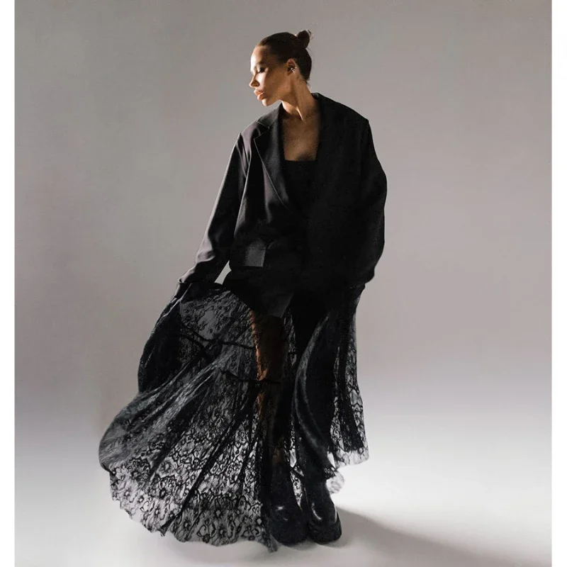 Deeptown Lace Black Long Skirts Elegant Sexy Women See Through 2024 Solid Skirts Loose High Waist Europe and America Fashion