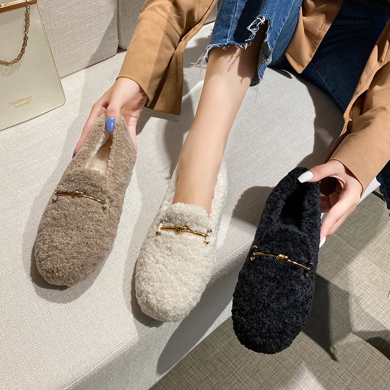 

Winter Warm Plush Mules Women One Band Fur Slippers Cozy Cotton Shoes Woman Flats Cover Toe Fleeces Slides Femme Wool Pantuflas