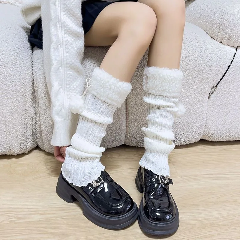 Шерстяные вязаные чехлы для ног, теплые вязаные носки в японском стиле Лолиты, зимние теплые носки, гетры с шариками для женщин