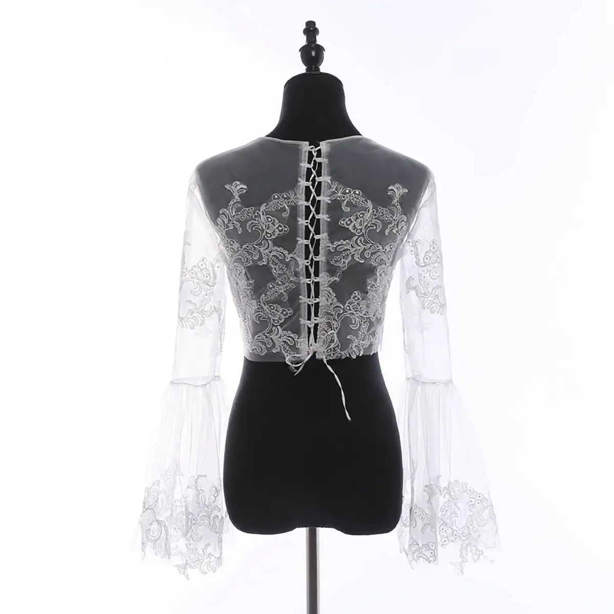 Chaqueta de encaje de manga larga para mujer, chaqueta transparente con cuello redondo, apliques de lentejuelas, capa nupcial, accesorios de boda formales