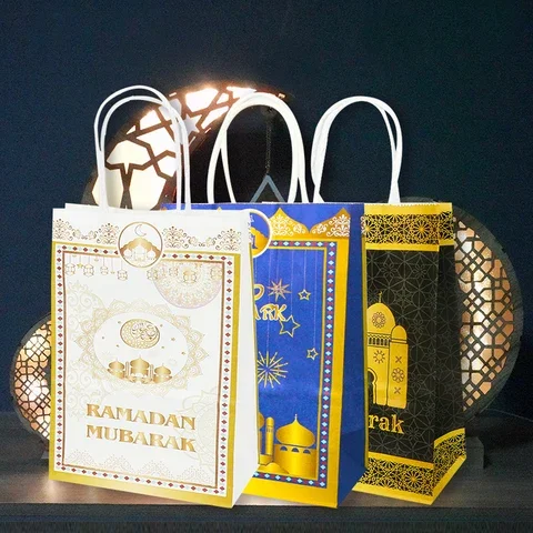 

6pcs Ramadan Mubarak Kraft Paper Gift Bags Eid Kareem Decor Candy Packaging Box Islamic Muslim Party Supplies