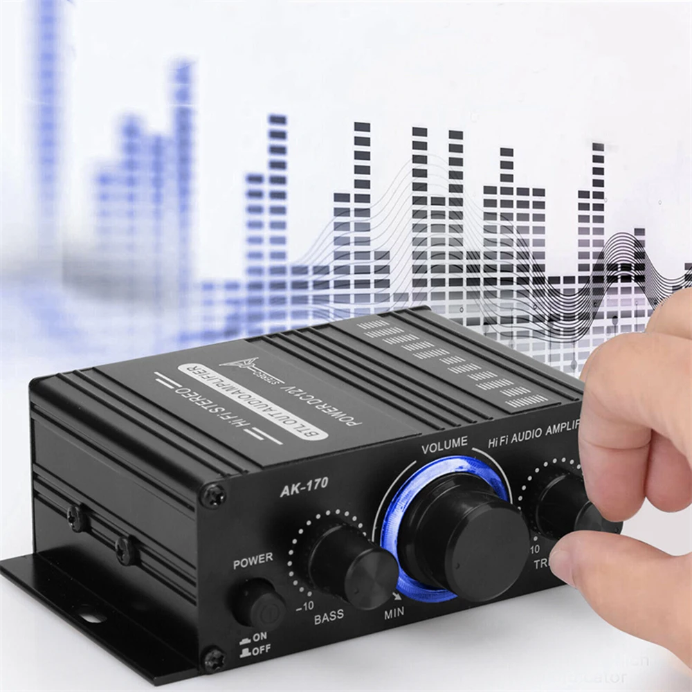 AK170 Mini Digital Power Audio Car Amplifier Blue Light Stereo Audio Amplifier for Home Theater Club Party Music 200W x2