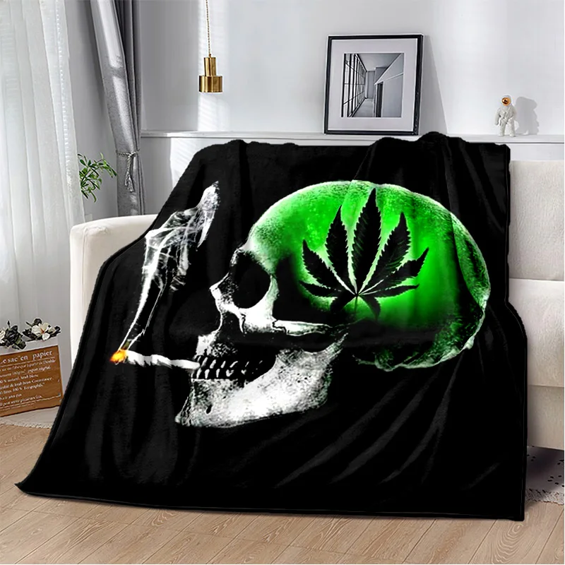 Stylish Fleece Throw Blanket Featuring Skull and plant Cannabis Sativa L Weeds Ideal for Outdoor Adventures