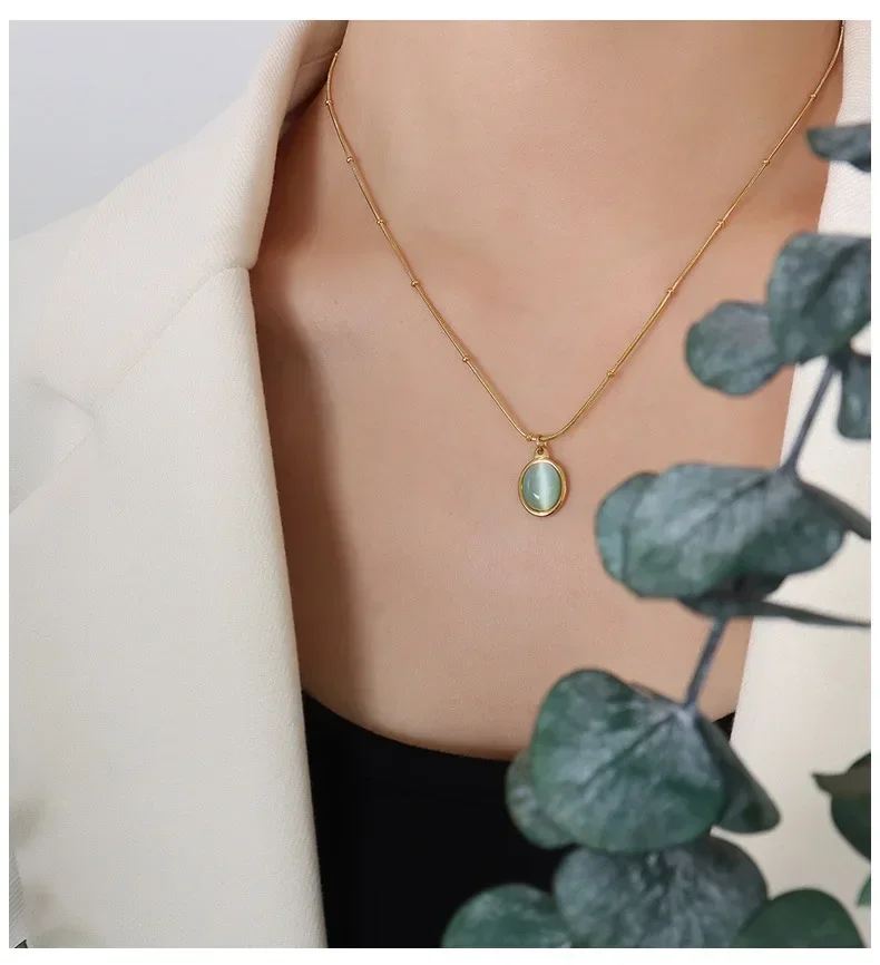 Women's Green Stone Necklace,Charm 18k Gold Plated Stainless Steel Snake Chain Jewelry Bling Drop Pendant Choker Necklaces Gift