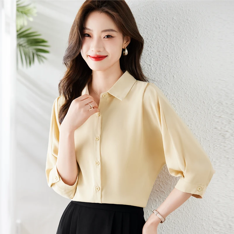 2024 Summer Polo-Neck Womens Tops Solid Button Up Women Shirt Korean Fashion Elegant Blouse Women\'s Clothing White Shirt Women