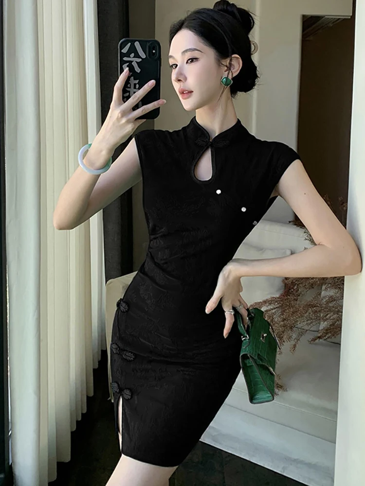 

2026 Black Jacquard Stand Collar Hip Wrap Sexy Dress Women Vintage Bodycon Short Dress Summer Kroean Elegant Festival Prom Dress