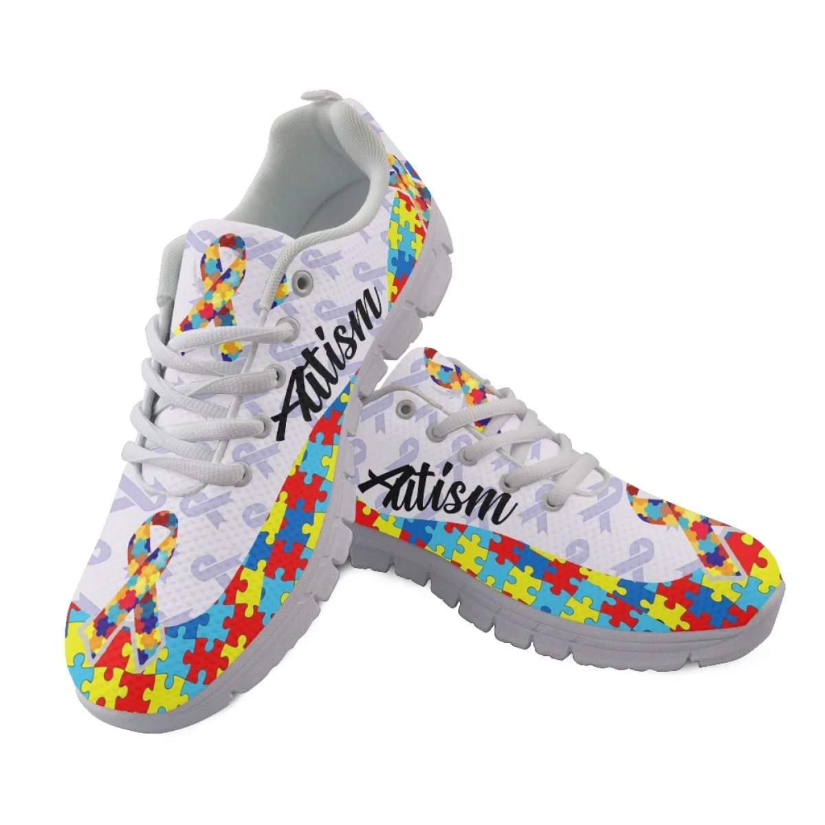 Autism Awareness Flats Shoes for Women Girls Breathable 2023 New Fashion Brand Designer Casual Footwear Lace Up Walking Sneakers