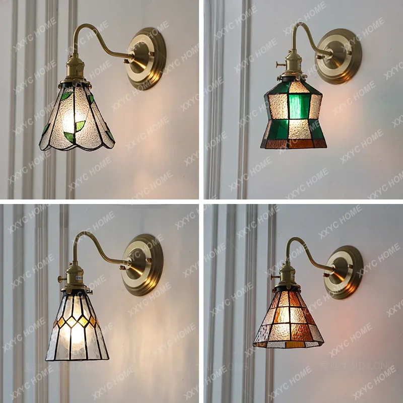 Retro style old Shanghai Nordic brass wall lamp bathroom bathroom mirror headlamp bedroom bedside lamp handmade small green