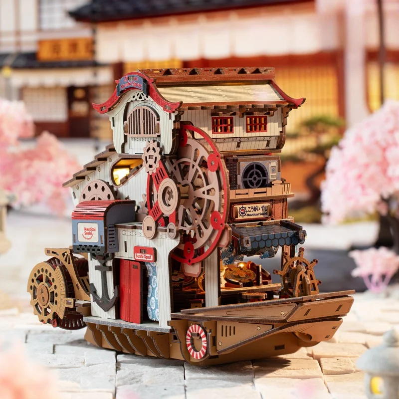 

OUZEY 3D Wooden "Sushi Sailboat" Dollhouse Kit: DIY Assembly Model for Teens - Fun Desk Decor & Creative Gift Box