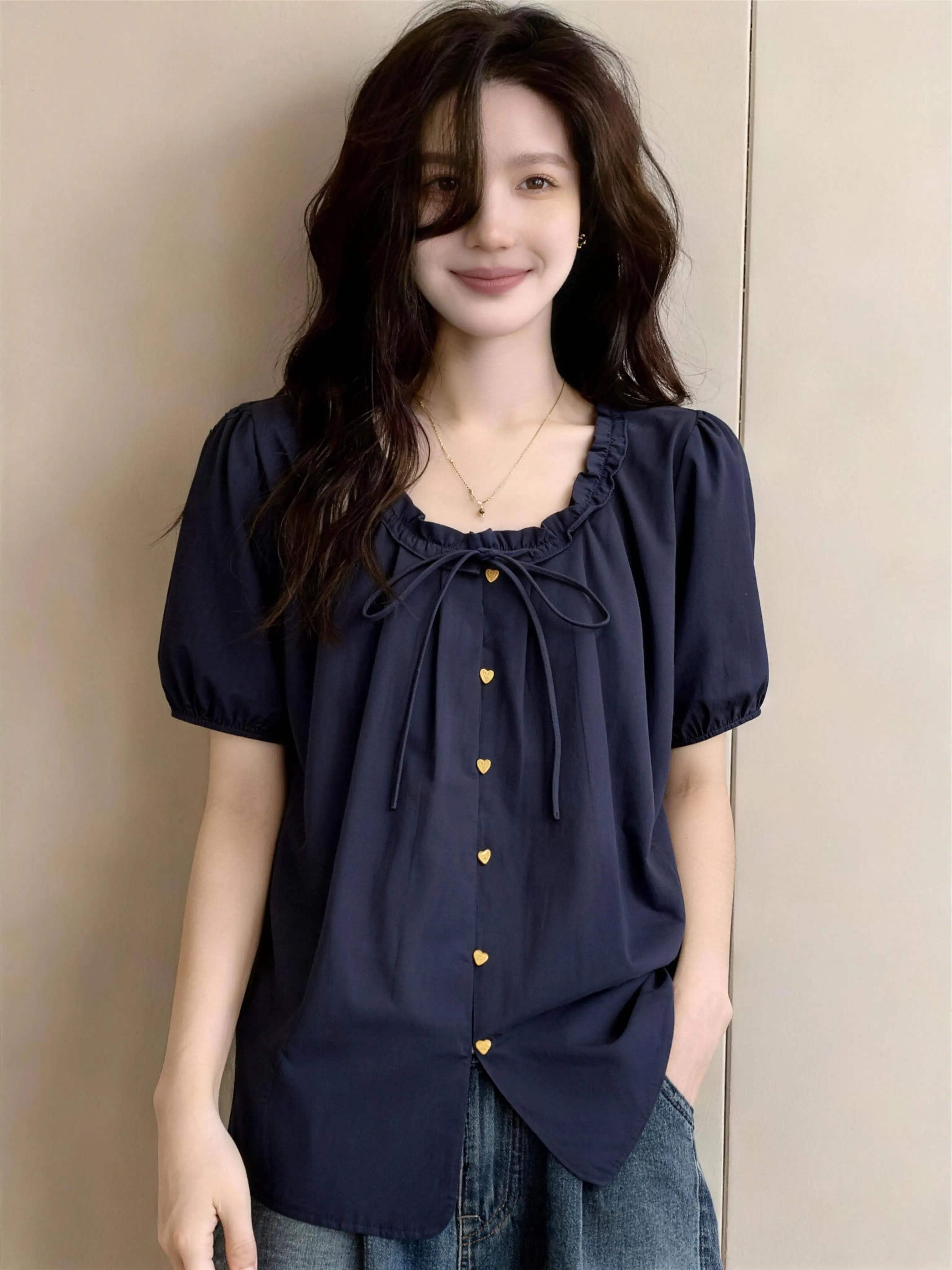 

Summer New plus Size Women's Shirt Korean Style Short Sleeve Regular Thickness round Neck Casual Comfortable Doll Shirt