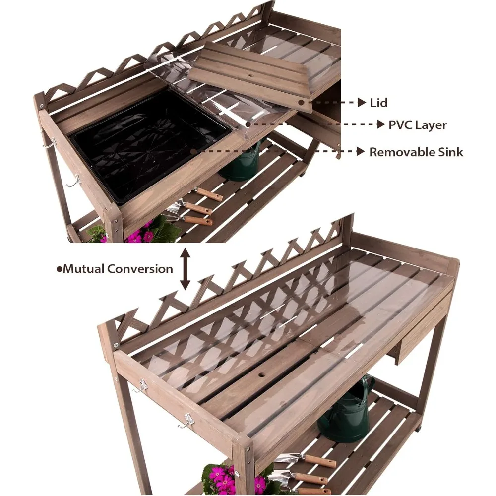 Potting Bench Garden Table for Plants Outside Outdoor Wooden Garden Work Bench with Sink Storage PVC Layer Drawer