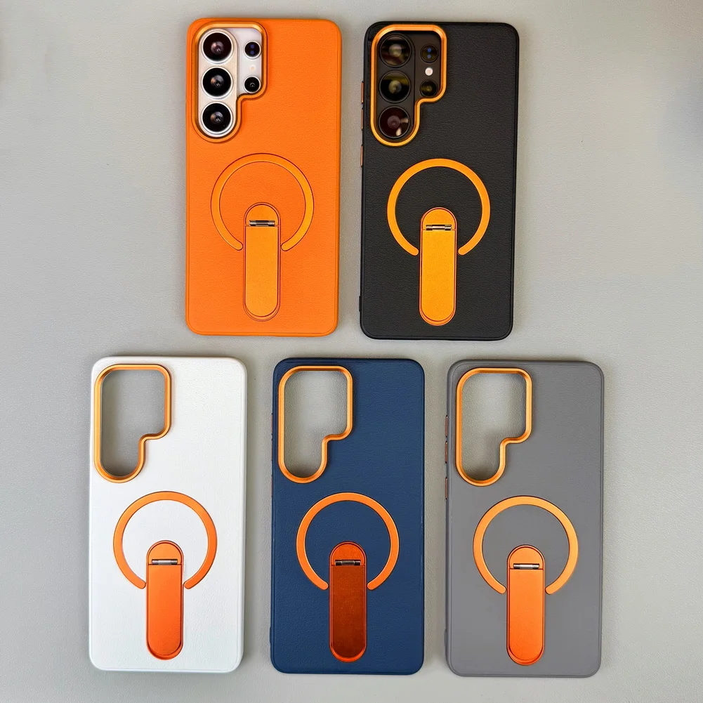 360-degree Metal Invisible Rotating Magnetic Stand Holder Case For Samsung Galaxy S26 Ultra S25 S24 Ultra Leather Protect Cover