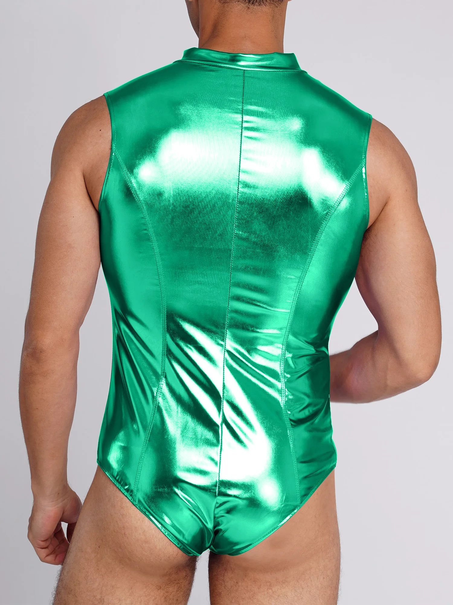 Men Metallic Shiny Sleeveless Bodysuit Mock Neck Front Zip Up Swim Jumpsuit Sparkly Sexy for Rave Party Clubwear Nightclub