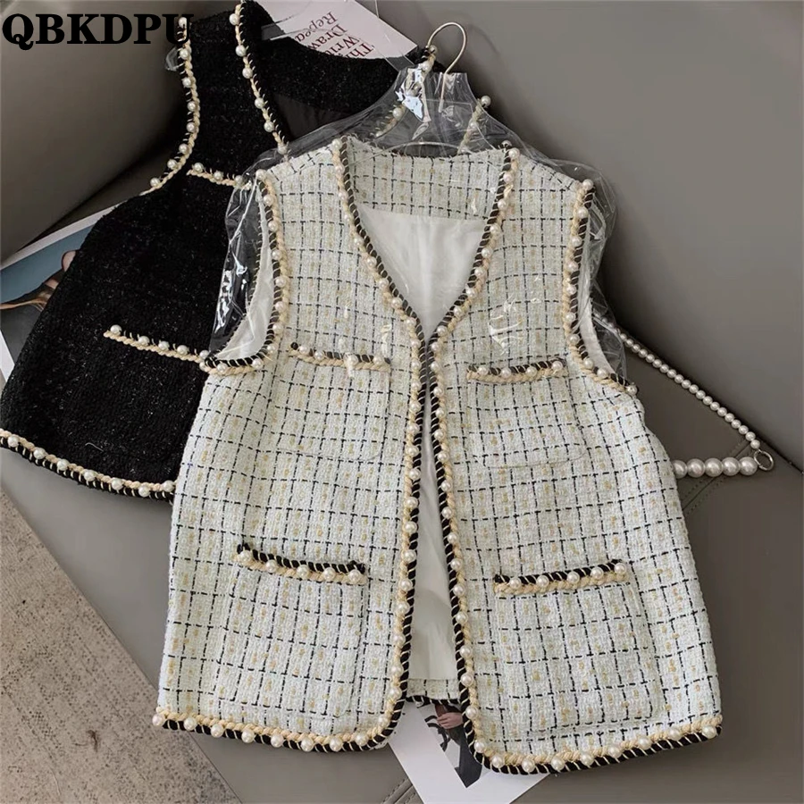 Gilet chic avec perle pour femme, veste en laine mélangée, manteau en laine Chaleco coréen, tweed vintage, émail à carreaux, printemps et automne, nouveau