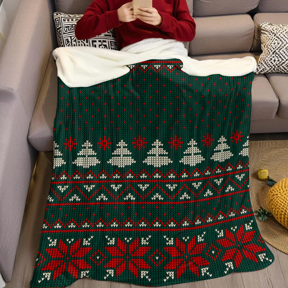 Green Pink Xmas Sweater Flannel Blanket Cartoon Printed Throw Blanket for Kids Adults Soft Plush Bed Sofa Cover Gift