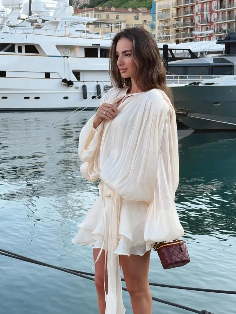 HH-Conjunto de 2 piezas de moda para mujer, minivestido plisado liso con mangas abullonadas y cuello redondo + pantalones cortos elegantes con cremallera trasera, traje en 4 colores