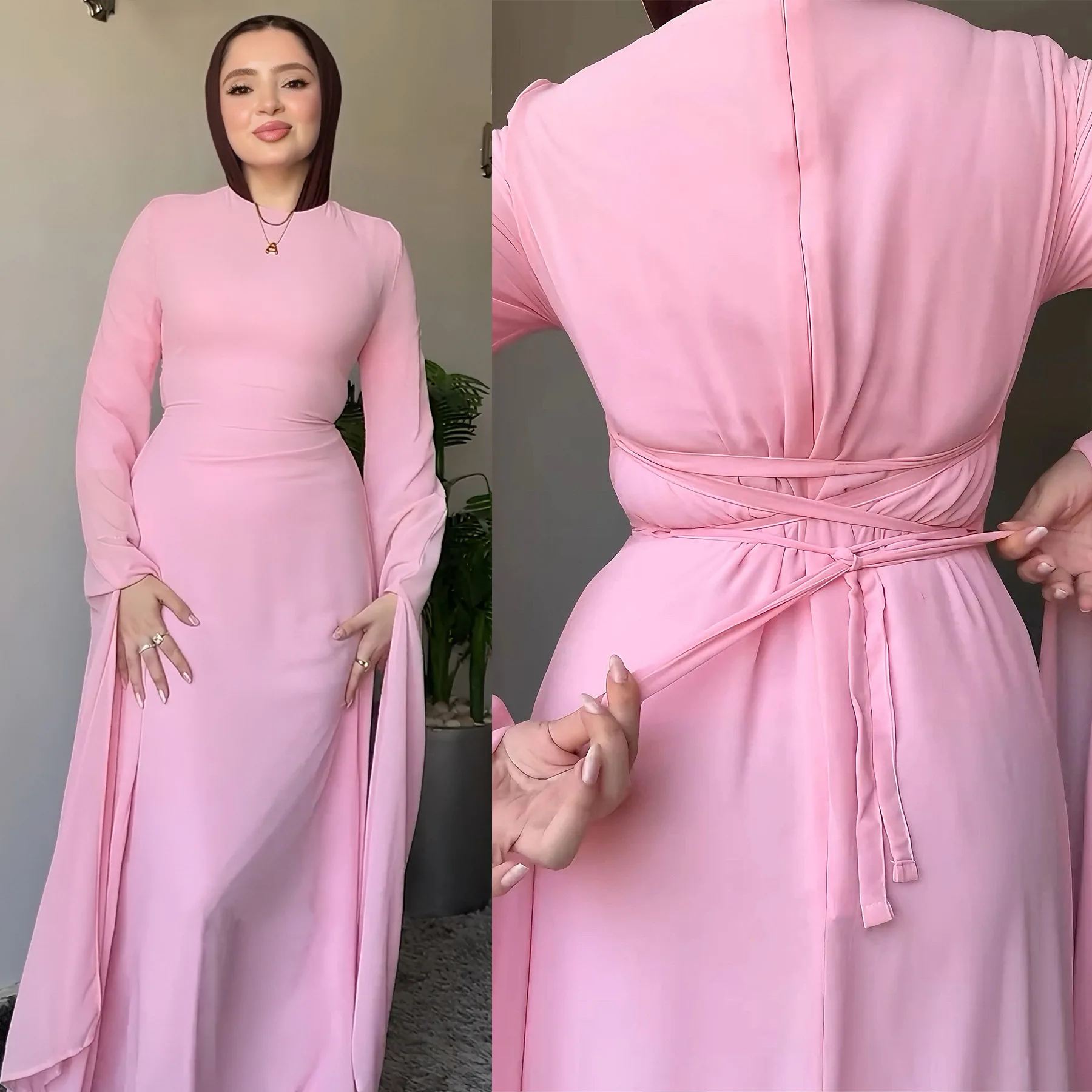 

Модные двухслойные платья с длинными рукавами, женское осеннее платье макси, мусульманское платье Дубая, Абая, исламский женский сарафан, вечернее платье, Vestidos