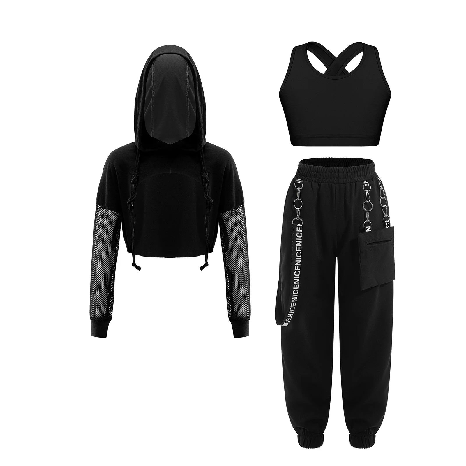 Girls Sport Outfit Shockproof Tank Top Sport Bra And Long Sleeve Hooded Crop Top Sweatpants Street Dance Set Running Cycling Gym