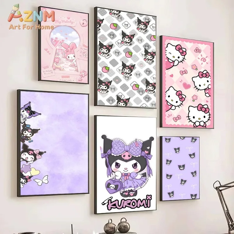 Sanrio My Melody Pink Keyhole Canvas Wall Print No Frame Cute Pink Rabbit Cartoon Poster Sweet Girly Pastel Style Kids Bedroom