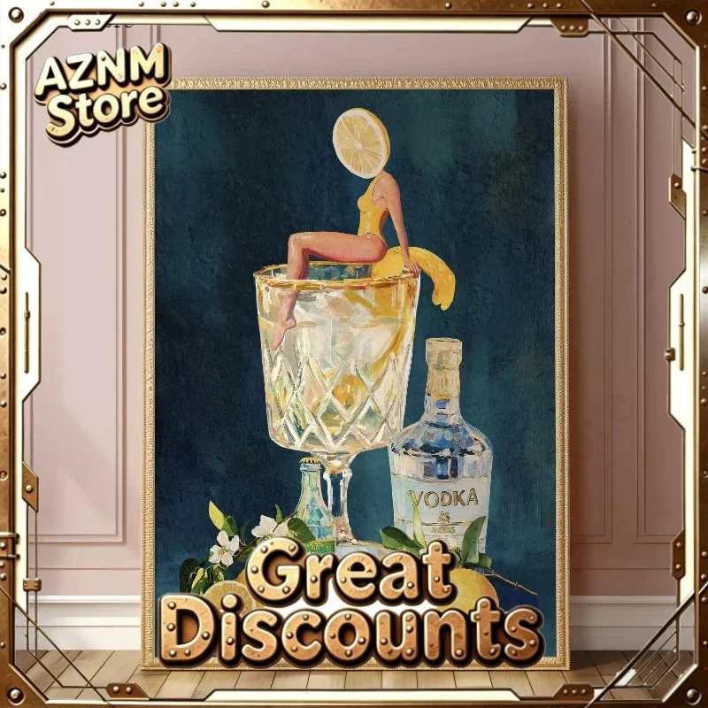 Vintage Fun Dirty Martini Bar Print Retro Cocktail Girl Diving Into Cocktail Glass Bar Art Print Wall Art for Home Kitchen De