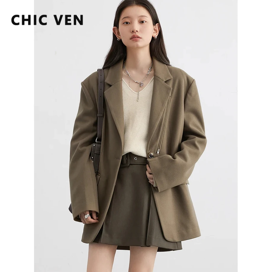 

CHIC VEN Women's Blazer Solid Single Breasted New Design Woolen Coat Office Lady Jackage Female Clothing Autumn Spring 2023