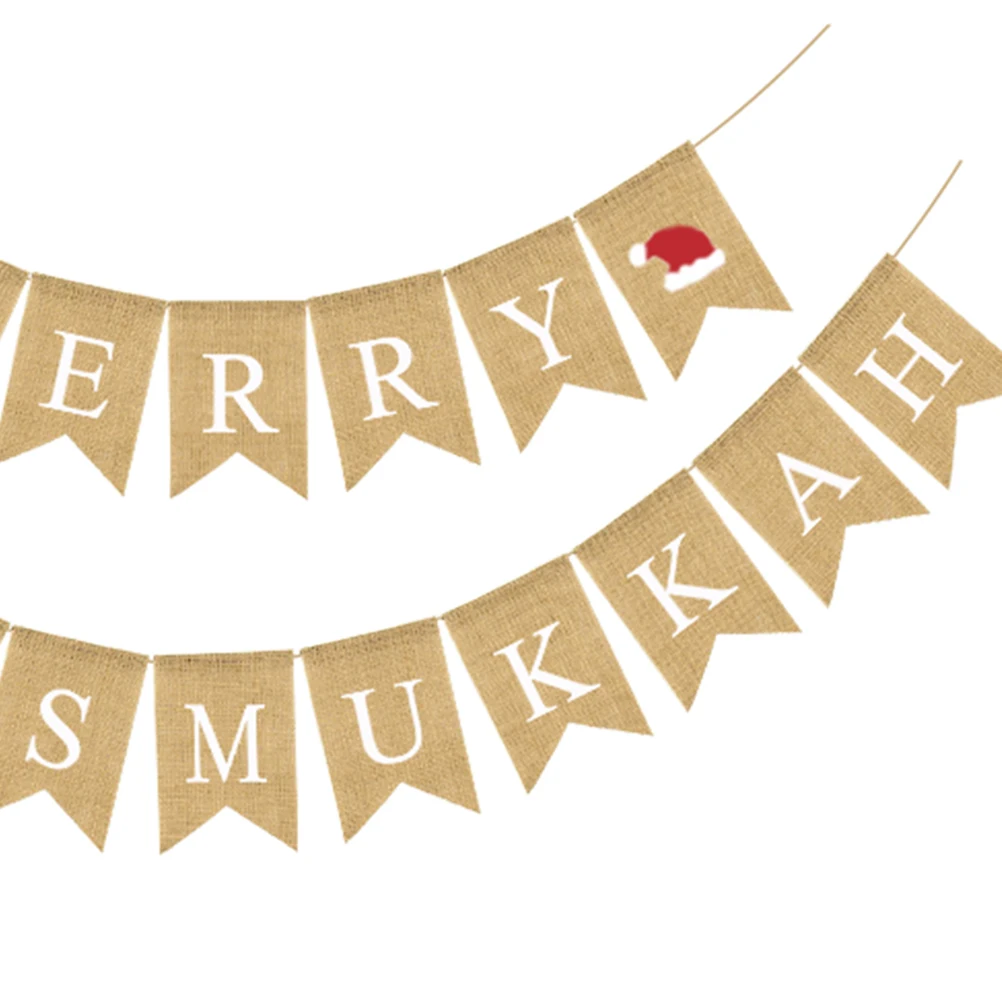 

Christmas Banner Linen Material Swallowtail Shape Santa Hat Print Reusable Party Garland Christmas Bunting Decor