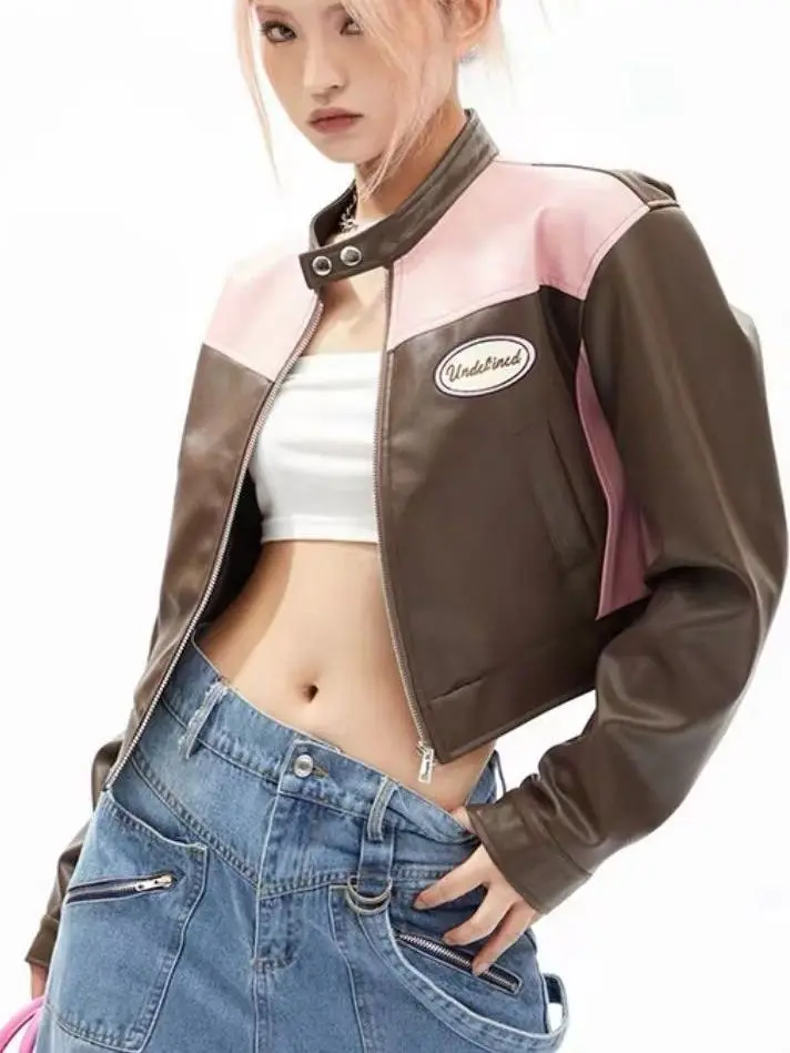 

Autumn Retro Contrast Color Stand Collar Motorcycle PU Leather Short Zipper Jacket American Gyaru Acubi Alt Grunge Tunic Design