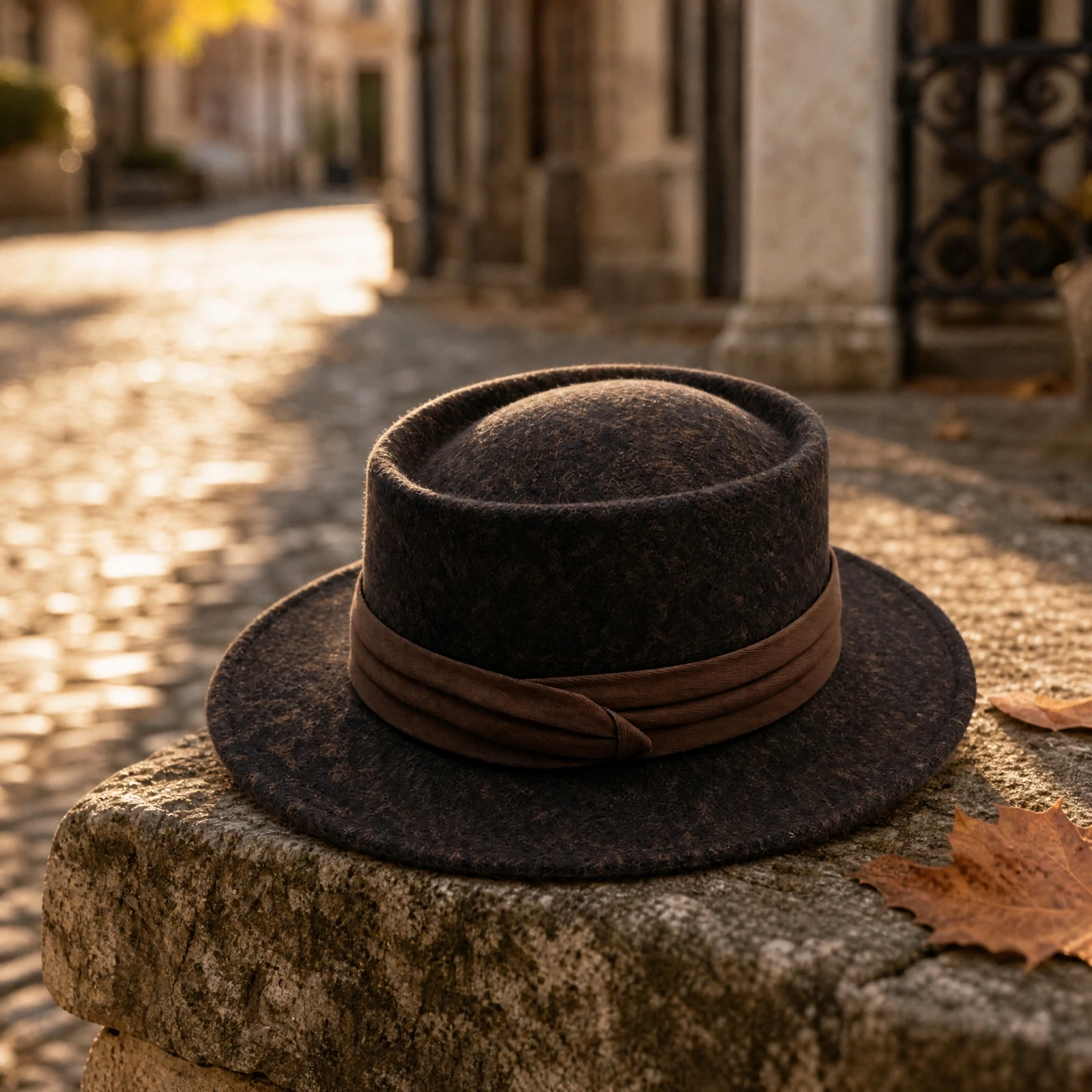 Woolen Felt Hat with Material Band Textured Rounded Crown Hat with Flat Brim Faux Wool Felt Fedora One-Size Classic for Women