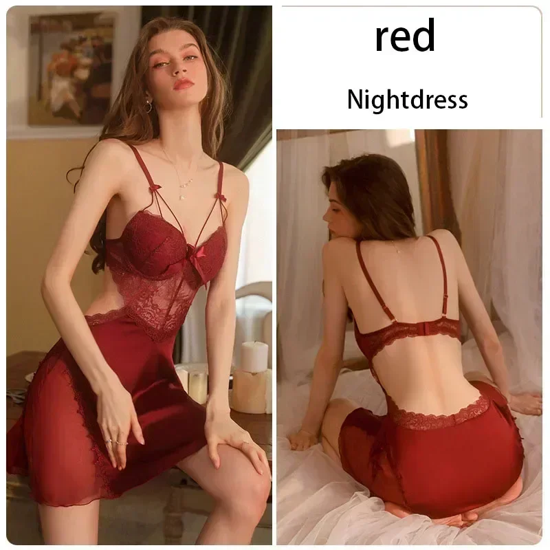 Sexy Dessous-Set für Damen, rückenfreies Neckholder-Nachthemd mit Bügel und Brustpolstern, Eisseiden-Pyjama-Robe, elegante Nachtwäsche, Homewear