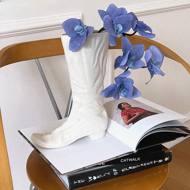 White Boots High Heels Flower Vases, Creative Ceramic Bloom Arrangers, Fashionable Home Decoration, Decorative Gifts