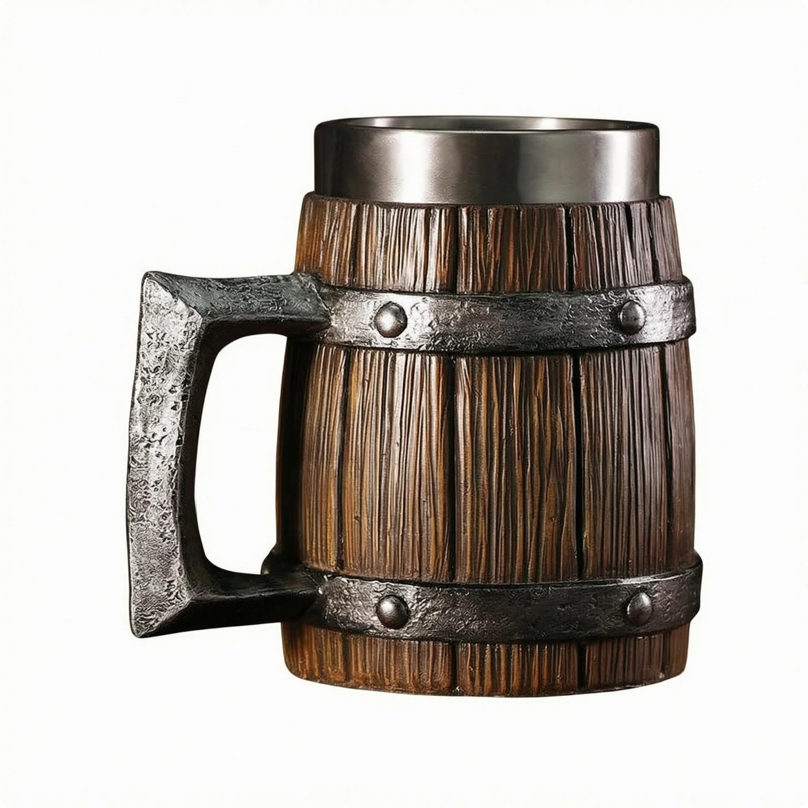 Wood Grain Barrel Beer Mug Metal Inner Cup Silver Rim Rivet Vintage Beer Stein Drinkware for Bar Pub Home