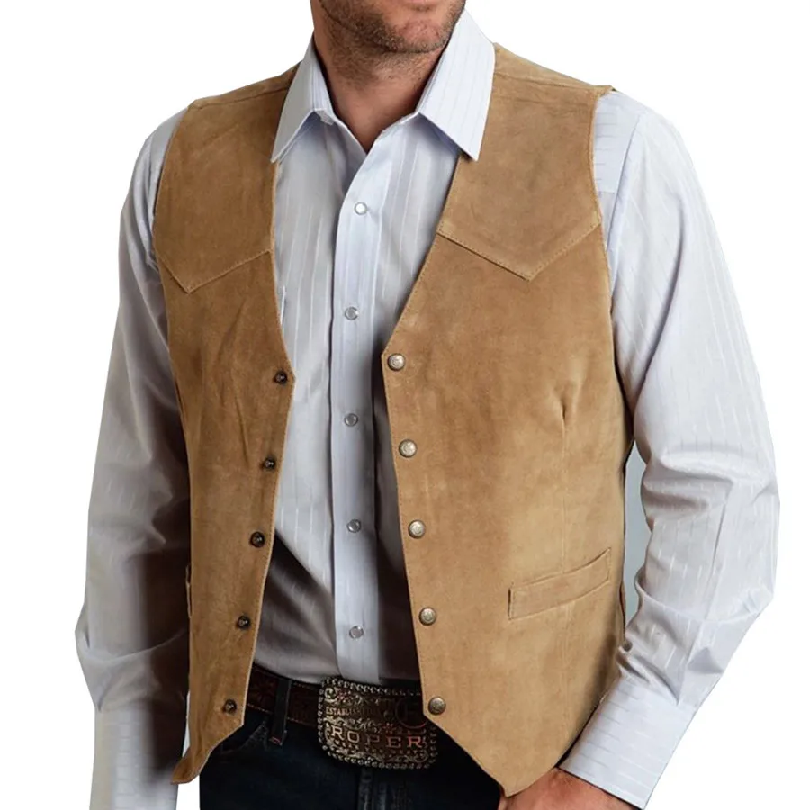 Punk Style Men Black Vests Suede Sleeveless Jackets Cowboy Waistcoat Single Breasted Irregular Men's V-neck Bussiness Jacket